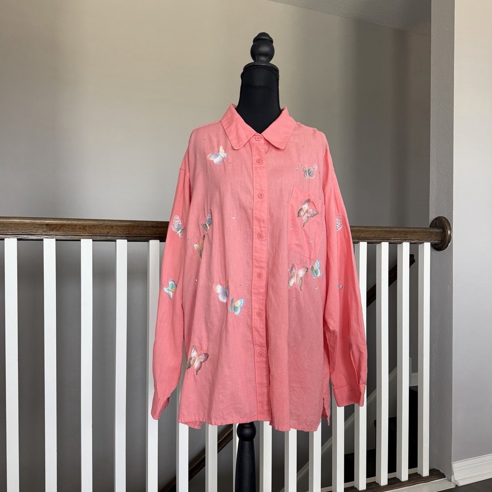 Quacker Factory Linen Blend Embroidered Button Up Top 3XL‎ Butterfly Rhinestone
